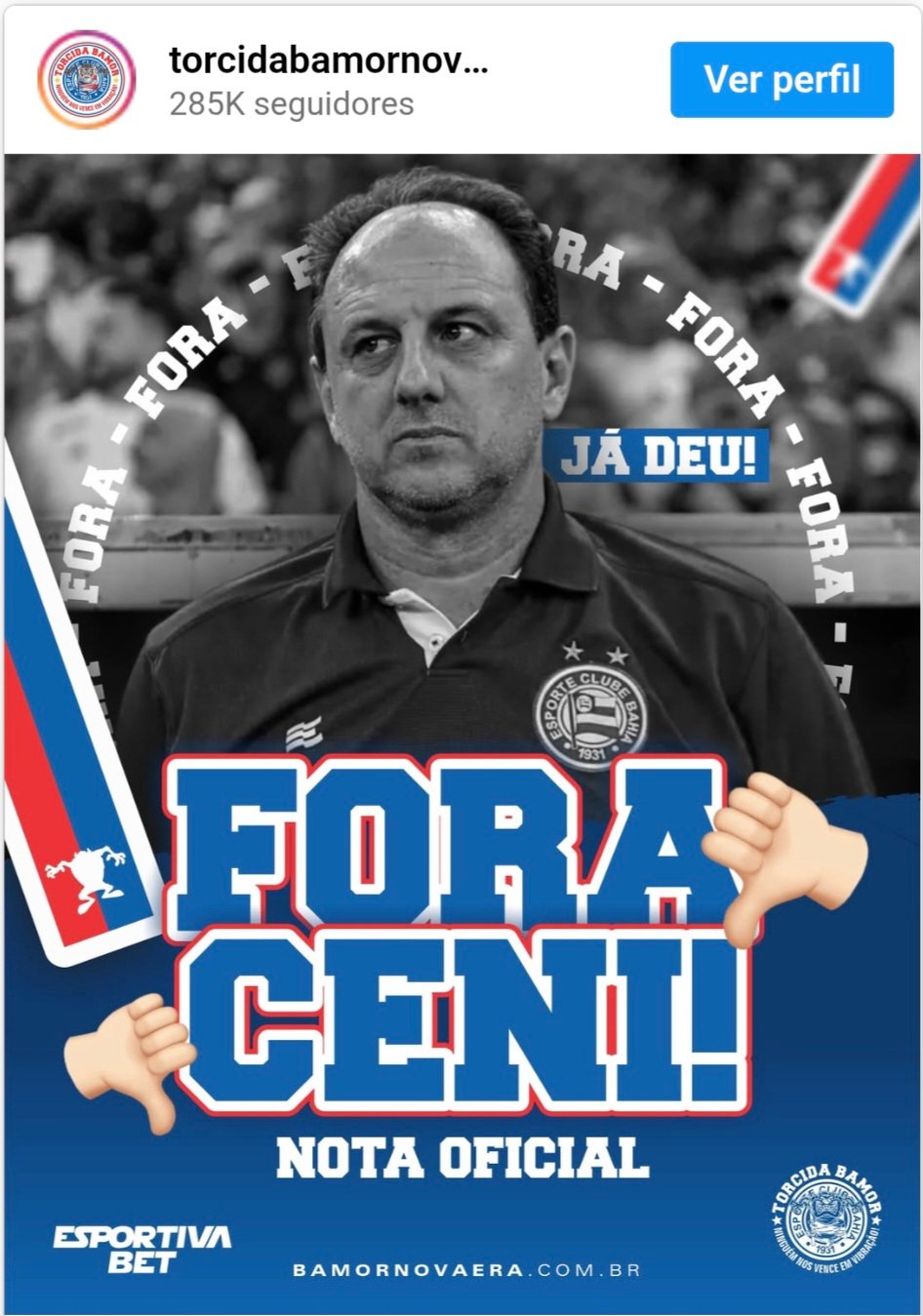 Torcida organizada pede demissão imediata de Rogério Ceni