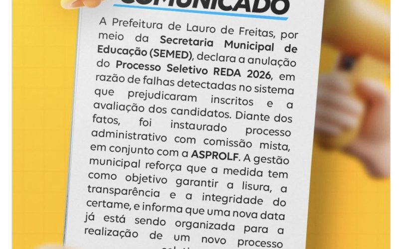 Prefeitura de Lauro de Freitas anula seleção REDA na educação e gera revolta