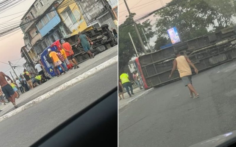 Micro-ônibus com pacientes tomba após colisão envolvendo coletivo e caminhão em Salvador